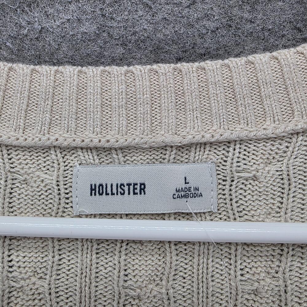 Hollister Sweater Pullover Womens L Beige Cable-Knit V-Neck Logo Slim Fit - Picture 3 of 7